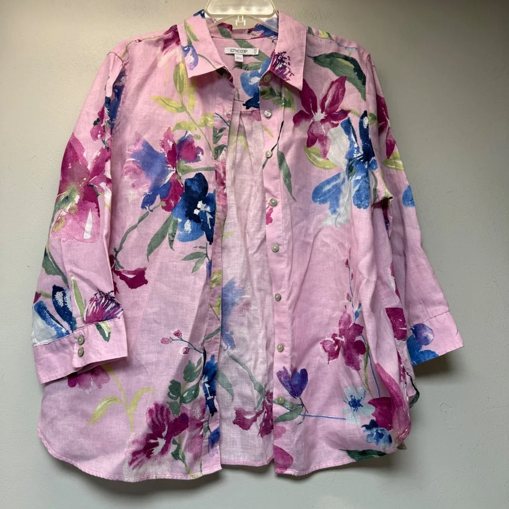 Chico's Linen Button Down Shirt Womens 2.5 L 14 Pink Floral Watercolor Excellent